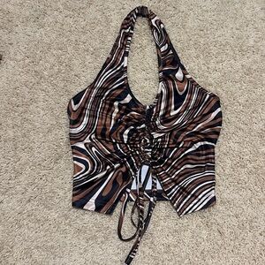 SHEIN Brown Black Swirl Ruched Halter Crop Top